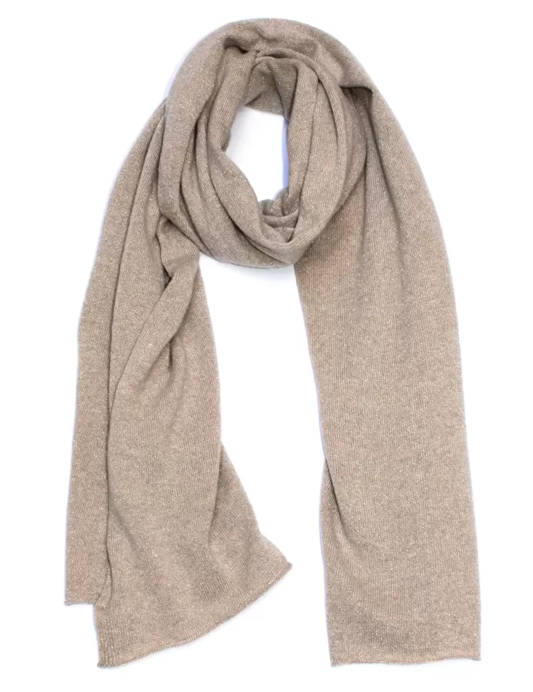 Musetti wool and cashmere plain beige tricot scarf with golden thread Musetti wool and cashmere plain beige tricot scarf with golden thread