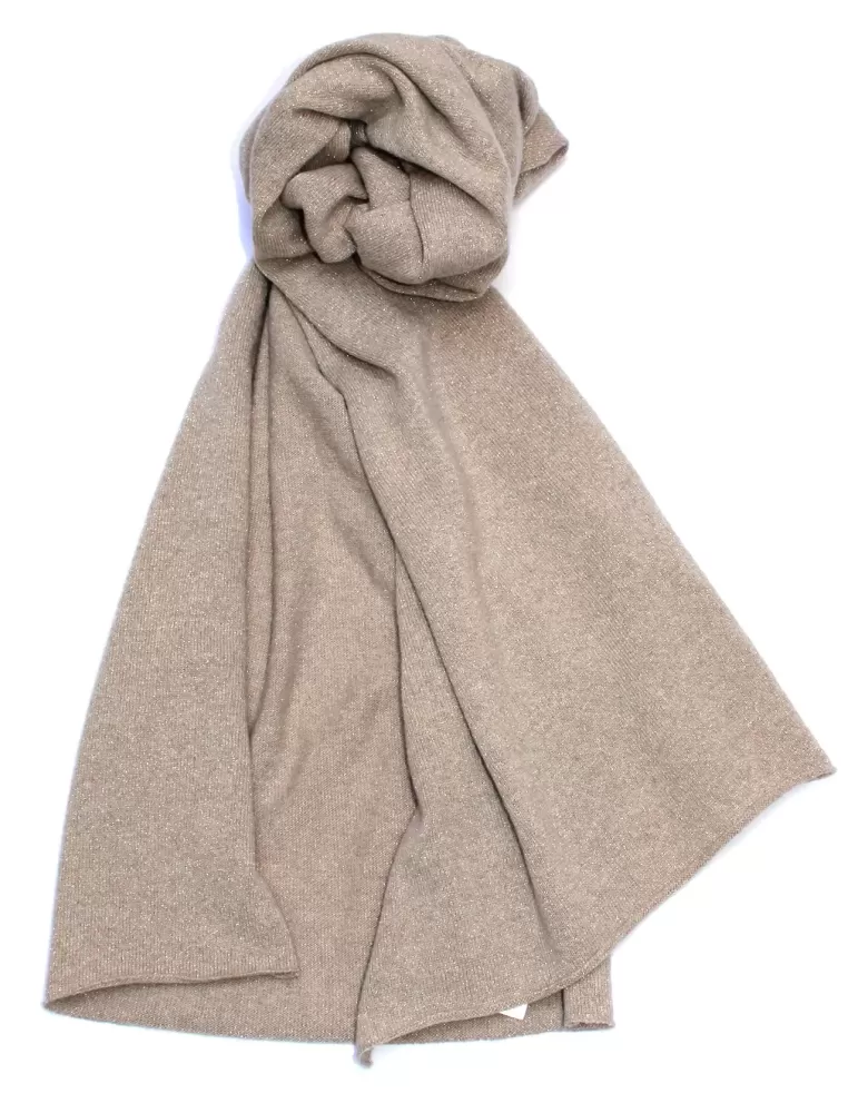 Musetti wool and cashmere plain beige tricot scarf with golden thread