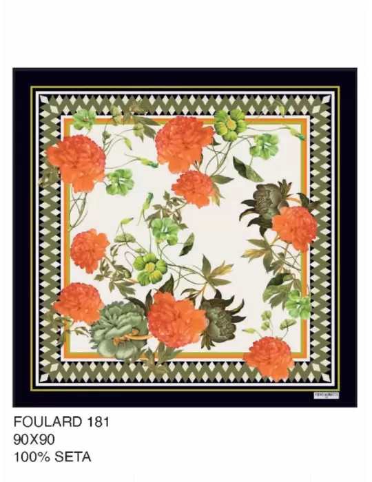 Piero Moretti 2024 | Black and orange flowers printed silk scarf Piero Moretti 2024 | Black and orange flowers printed silk scarf