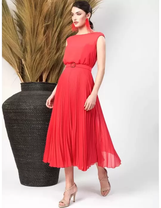 Sonia Pena 1240037 coral red silk formal midi dress suit