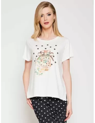 T-shirt panna con pois rose...