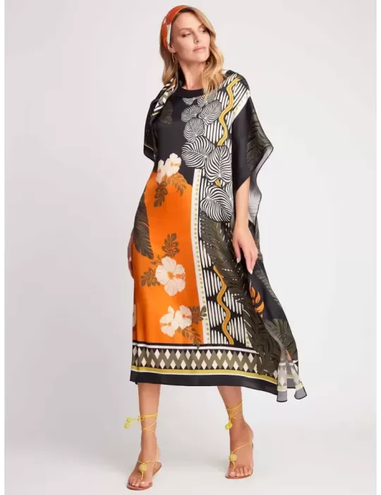 Piero Moretti Black orange tropical printed all silk tunic caftan dress Piero Moretti Black orange tropical printed all silk tunic caftan dress