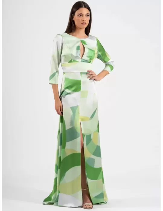 Green silk long formal tail dress front split by Casting