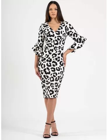 Casting black and white spotted sheath midi dress