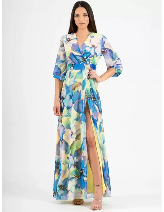 Casting 2024 | Plus size blue yellow floral long silk dress front split Casting 2024 | Plus size blue yellow floral long silk dress front split