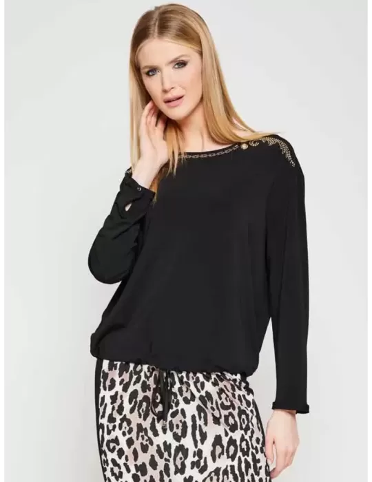 Mercuriali Plus Size black t-shirt blouse with rhinestones and studs