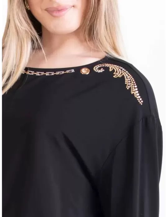 Mercuriali Plus Size black t-shirt blouse with rhinestones and studs