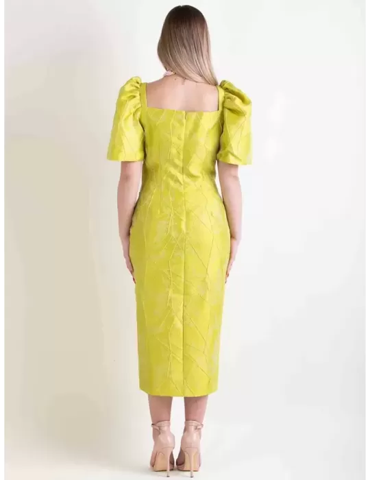 Lime yellow brocade sheath midi dress baloon sleeves | Women cocktail dresses