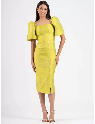 Lime yellow brocade silk sheath midi dress baloon sleeves