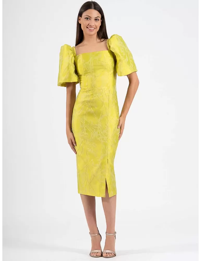 Lime yellow brocade sheath midi dress baloon sleeves | Women cocktail dresses Lime yellow brocade sheath midi dress baloon sleeves | Women cocktail dresses