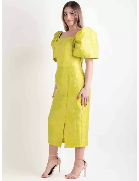 Lime yellow brocade sheath midi dress baloon sleeves | Women cocktail dresses