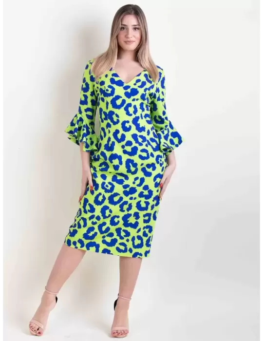 Casting lime yellow and blue spotted sheath midi dress Casting lime yellow and blue spotted sheath midi dress