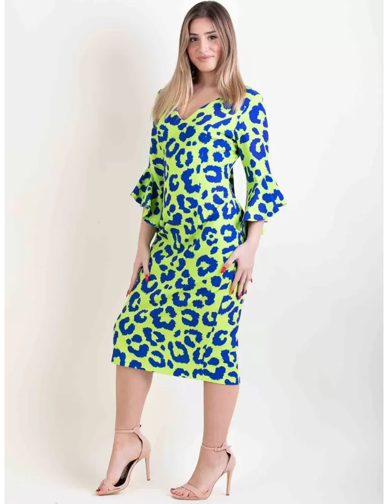 Casting 2024 Lime yellow and blue spotted long sheath midi dress