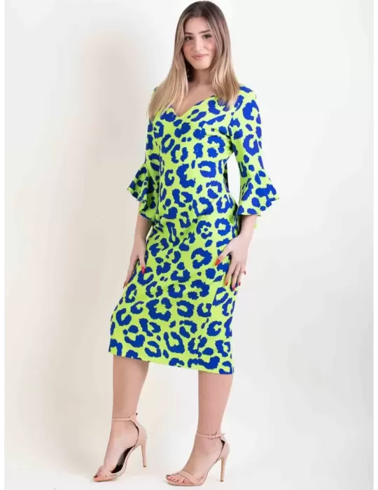 Casting lime yellow and blue spotted sheath midi dress