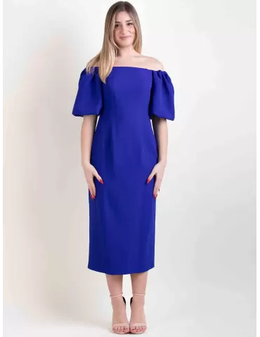 Purple blue romantic low necked sheath midi dress balloon sleeves 2