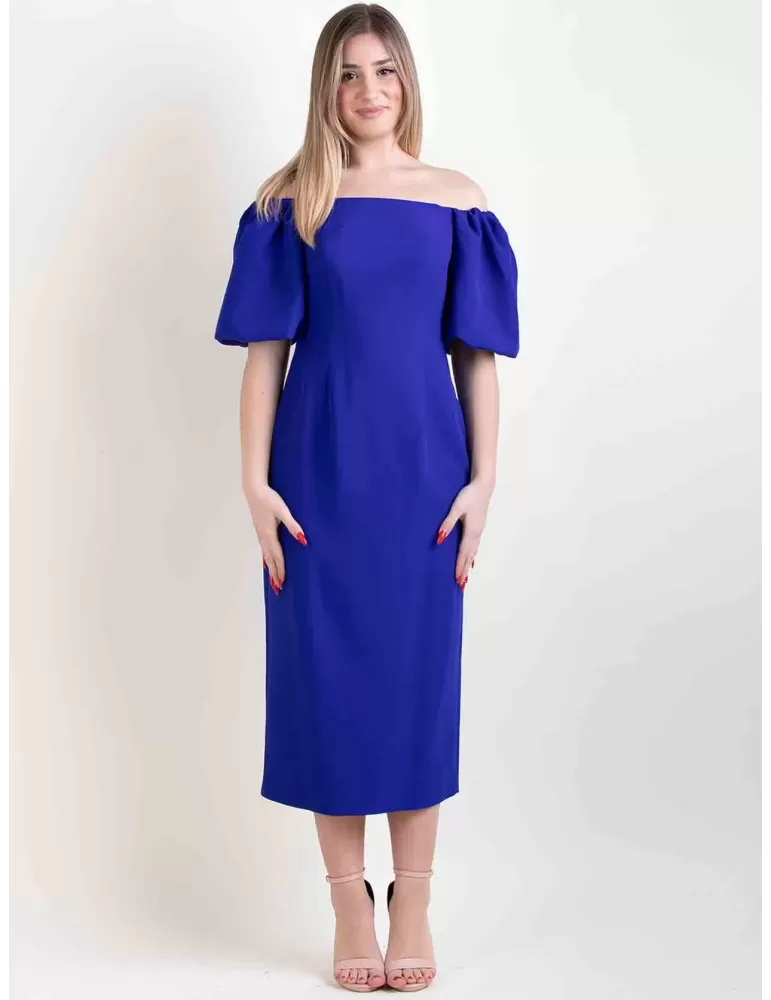 Purple blue romantic low necked sheath midi dress balloon sleeves