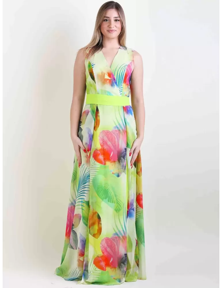 Casting water green floral long silk dress front split Casting water green floral long silk dress front split