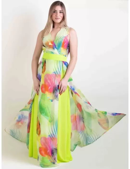 Casting water green floral long silk dress front split