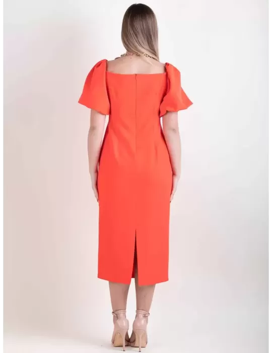 Orange coral red romantic low necked sheath midi dress balloon sleeves