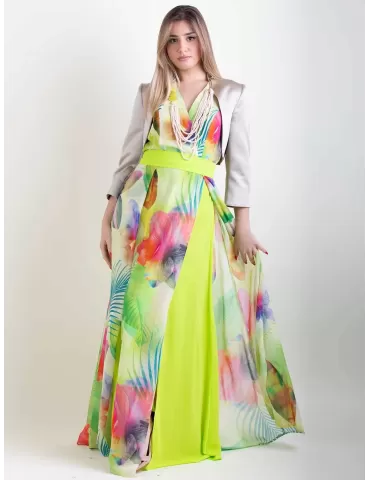 Casting water green floral long silk dress front split 2