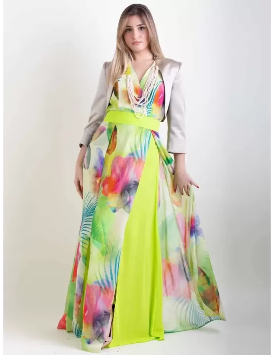 Casting water green floral long silk dress front split