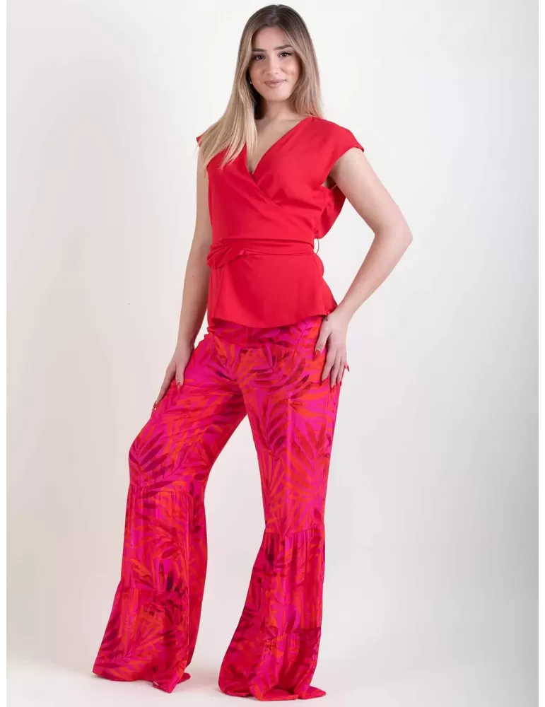 Paz Torras red silk crossed top blouse