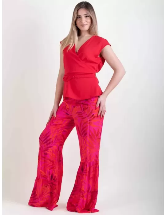 Paz Torras Glam | red silk crossed top blouse for red three piece suit