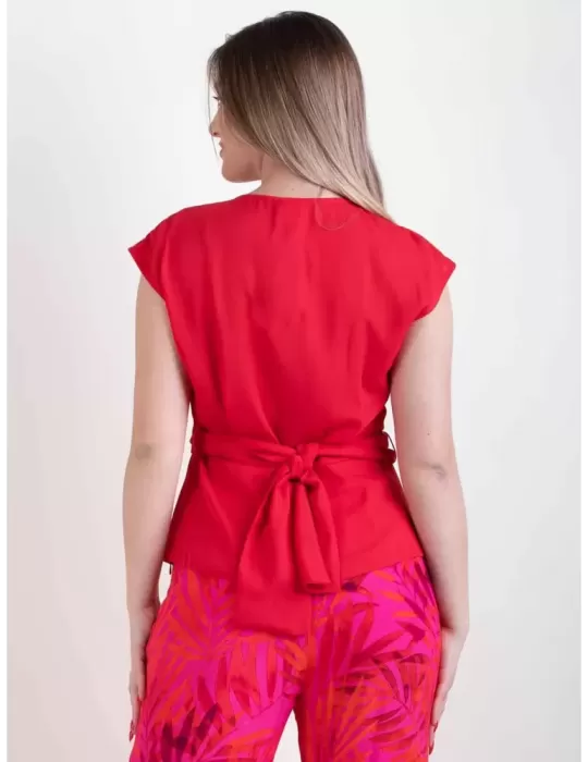 Paz Torras Glam | red silk crossed top blouse for red three piece suit