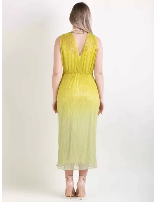 Paz Torras lime green shiny midi dress and kimono jacket suit