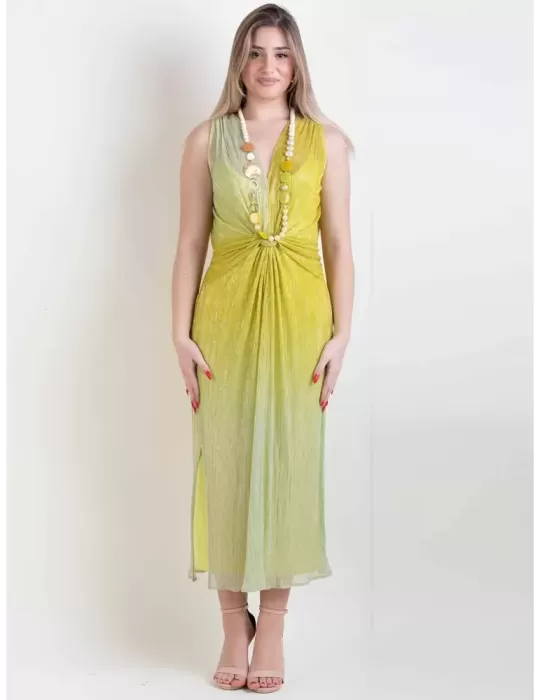 Paz Torras lime green shiny midi dress and kimono jacket suit