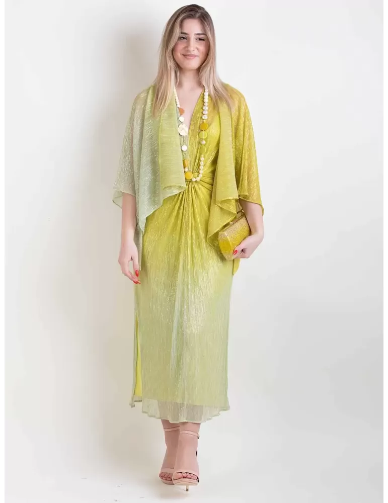 Paz Torras lime green shiny midi dress and kimono jacket suit