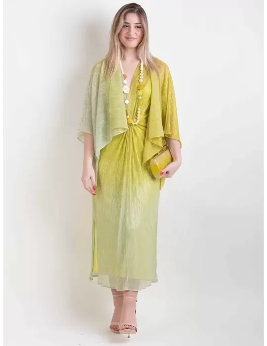 Paz Torras lime green shiny midi dress and kimono jacket suit Paz Torras lime green shiny midi dress and kimono jacket suit