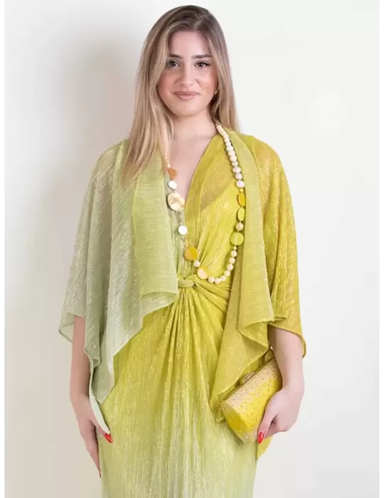 Paz Torras lime green shiny midi dress and kimono jacket suit