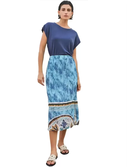 Paz Torras light blue viscose long skirt side splits