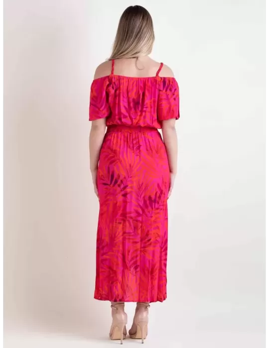 Paz Torras 2024 | Abito midi omerale fantasia tropicale fucsia e rosso