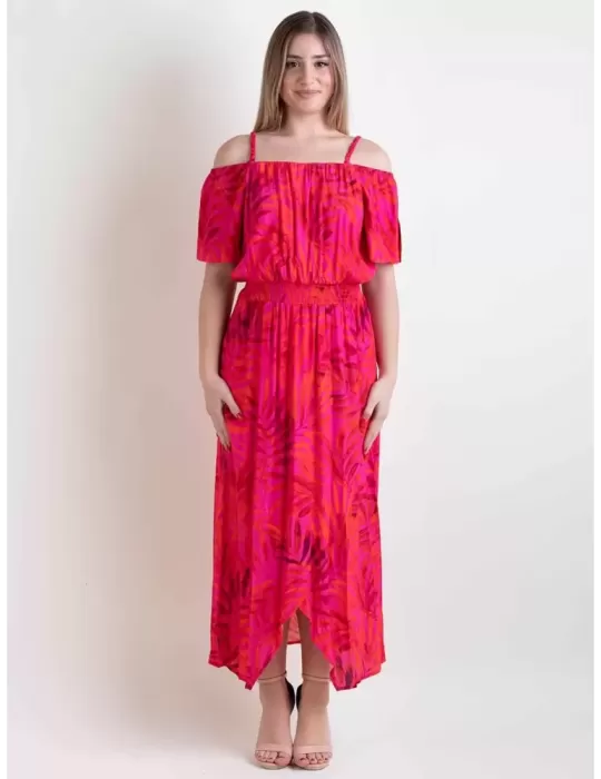 Paz Torras | Fuchsia and red romantic low neck midi cocktail dress Paz Torras | Fuchsia and red romantic low neck midi cocktail dress