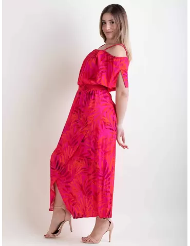 Paz Torras | Fuchsia and red romantic low neck midi cocktail dress 2