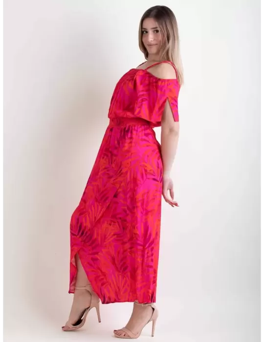 Paz Torras 2024 | Abito midi omerale fantasia tropicale fucsia e rosso