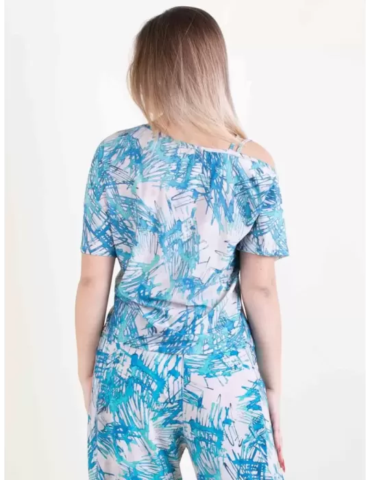 Frida Madè Italy | White and turquoise viscose top shirt with trousers