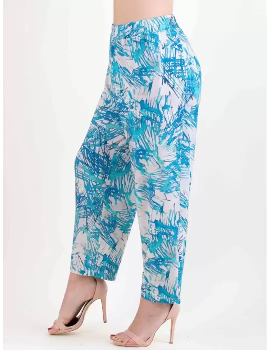 Frida Madè white and turquoise pull-on viscose trousers plus size available