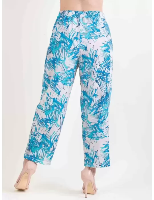 Frida Madè white and turquoise pull-on viscose trousers plus size available
