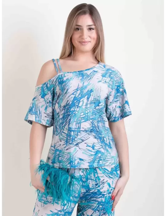 Frida Madè Italy | White and turquoise viscose top shirt with trousers Frida Madè Italy | White and turquoise viscose top shirt with trousers
