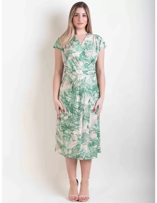 Abito midi incrociato jersey fantasia verde e panna Frida Madè Abito midi incrociato jersey fantasia verde e panna Frida Madè