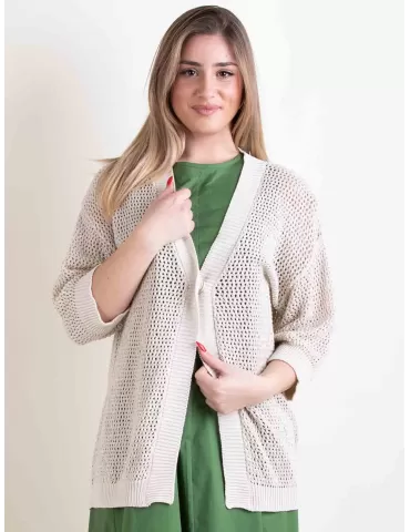 Beige cotton and sequins knitted long cardigan jacket