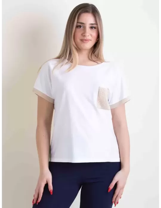 Frida Madè 2024 | T-shirt bianca tasca e profili oro fino alla tg 52