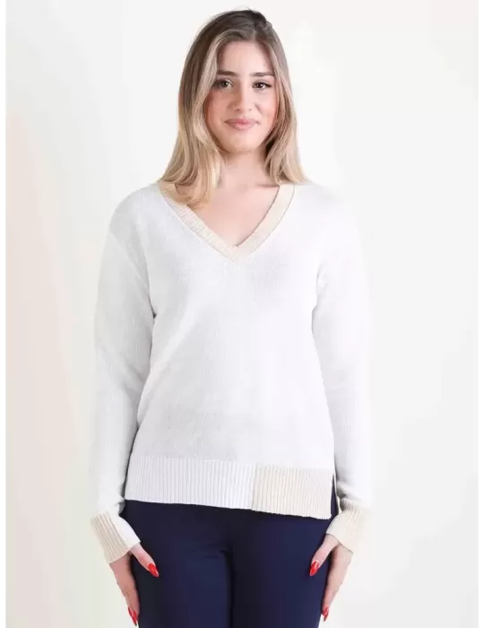 Frida Madè Italy | White linen and cotton pullover V sweater women Frida Madè Italy | White linen and cotton pullover V sweater women