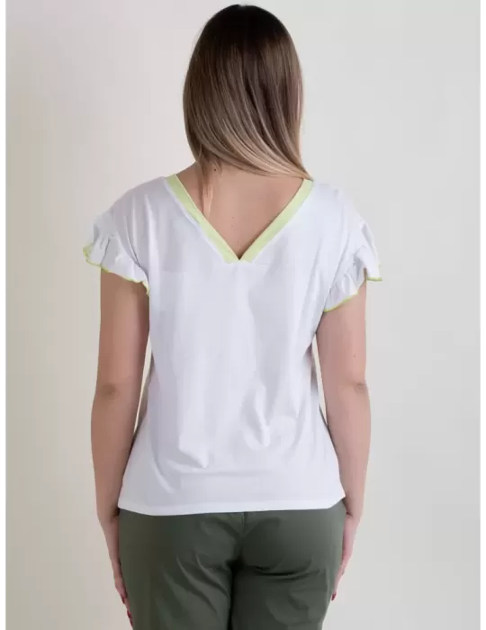 WNT COLLECTION 2024 | T-shirt bianca cotone con ricami verde lime