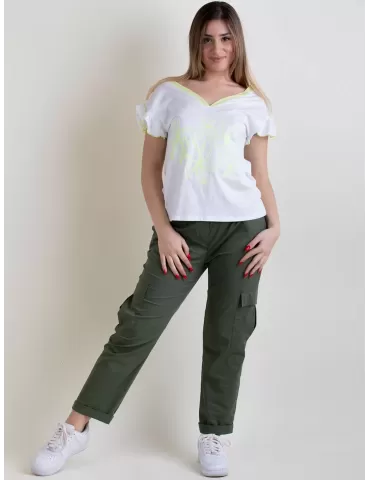 WNT COLLECTION 2024 | T-shirt bianca cotone con ricami verde lime 2
