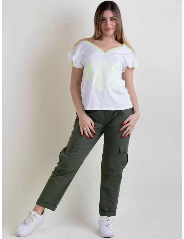 WNT COLLECTION 2024 | T-shirt bianca cotone con ricami verde lime