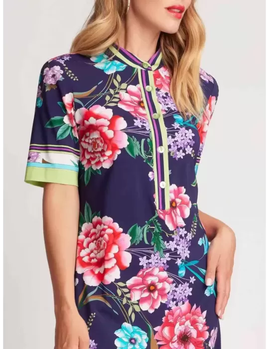Piero Moretti 2024 | Blue turquoise fuchsia flowers print polo dress